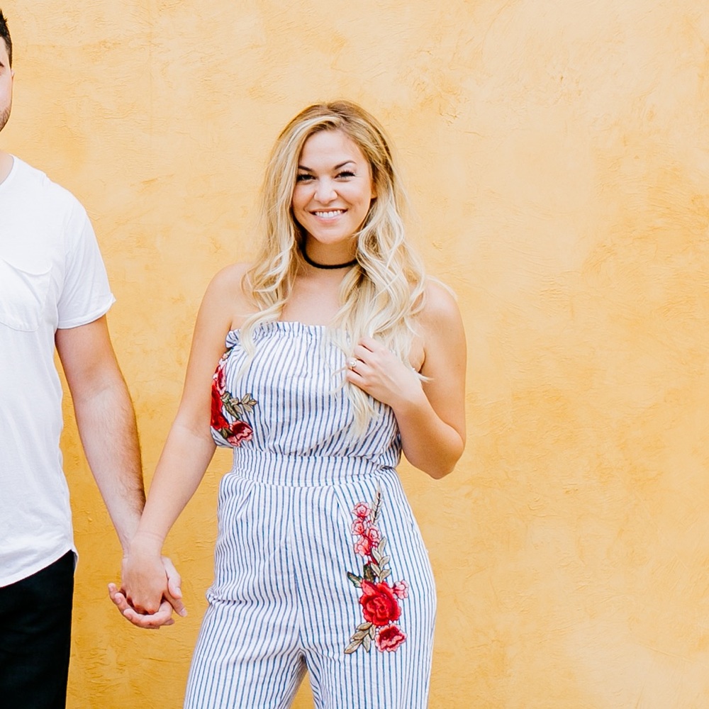 Blue striped strapless jumpsuit